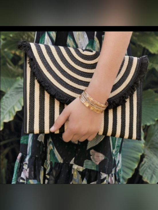 Stella & Dot Handbags - Stella & Dot Black/ Natural Raffia Fringe Envelope Clutch